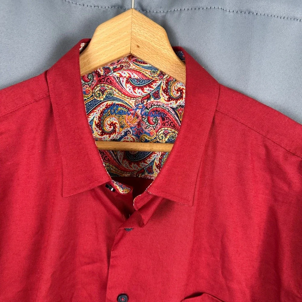 Alan Flusser Mens Red Button Down Shirt Paisley Trim Accents Long Sleeve Large